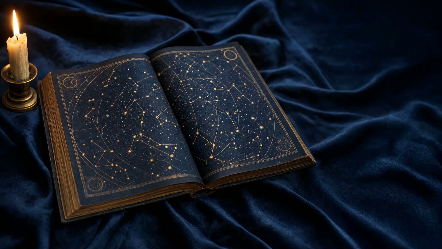 Aufgeschlagenes Buch mit goldener Sternkarte im Kerzenlicht